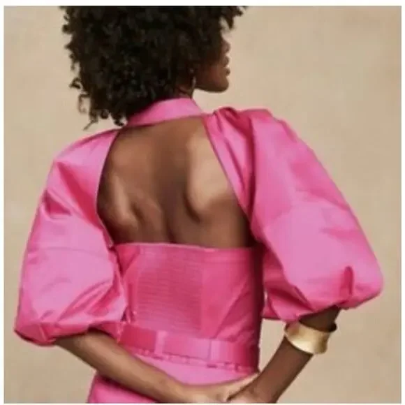 Banana Republic BR x HARBISON FUCHSIA Balloon Sleeve Open Back Top Large Tall - Picture 2 of 9